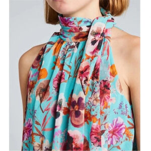Fuzzi blue floral high neck sleeveless swing top sz sm